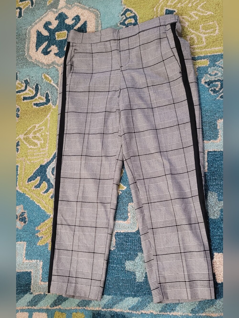 Gray Plaid Pants  with Black Side Stripe and Elastic Waistband